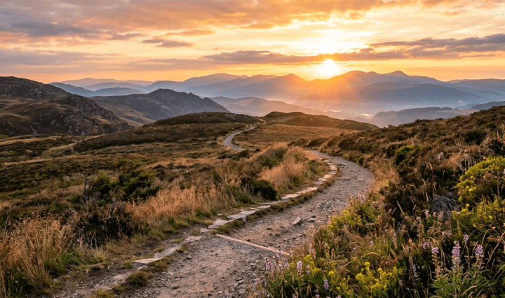 Winding dirt path through hills with sunset and mountains in background