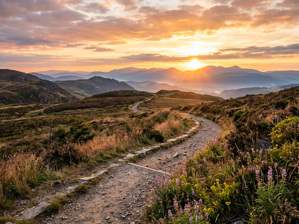 Winding dirt path through hills with sunset and mountains in background