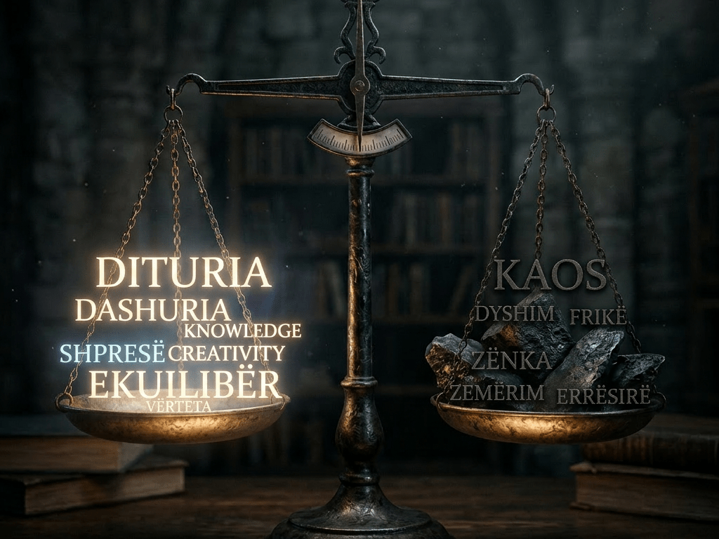 Old balance scale with glowing positive words on left side and dark stones with negative words on right side
