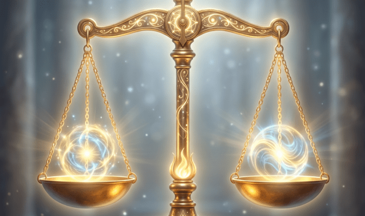 Golden balance scale with glowing orbs suspended in each pan