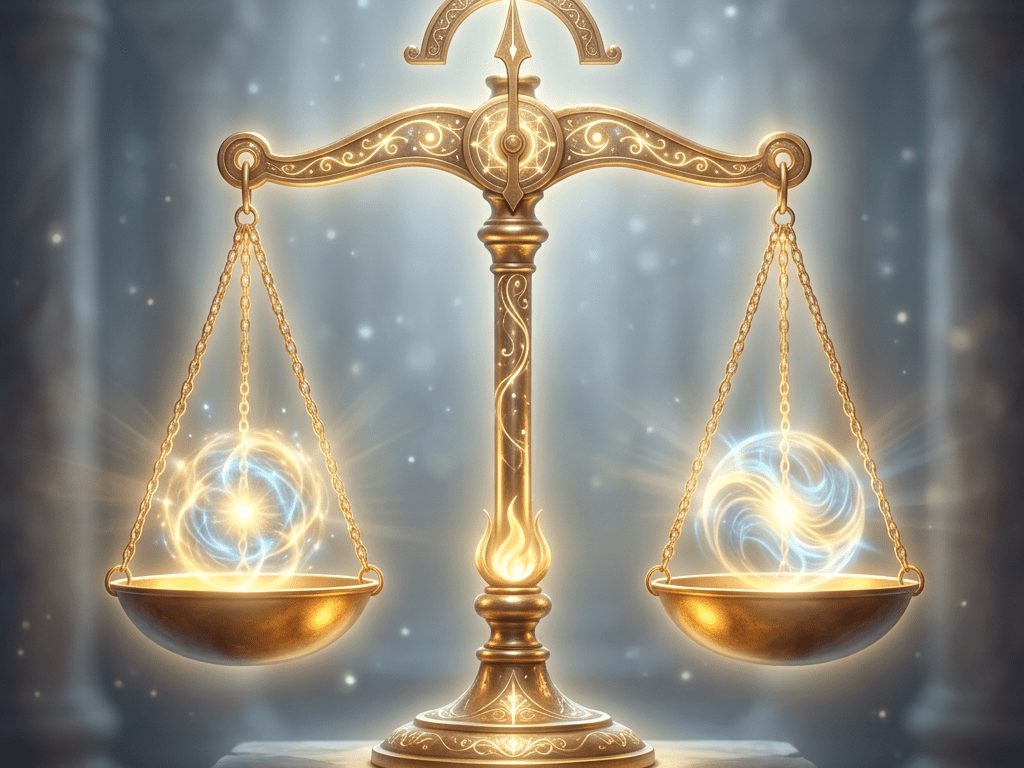 Golden balance scale with glowing orbs suspended in each pan