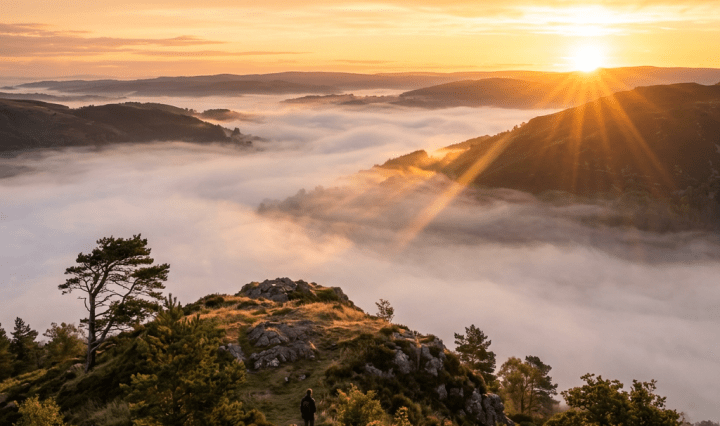 Sunrise over a mountain valley covered in mist with a person standing on rocky terrain