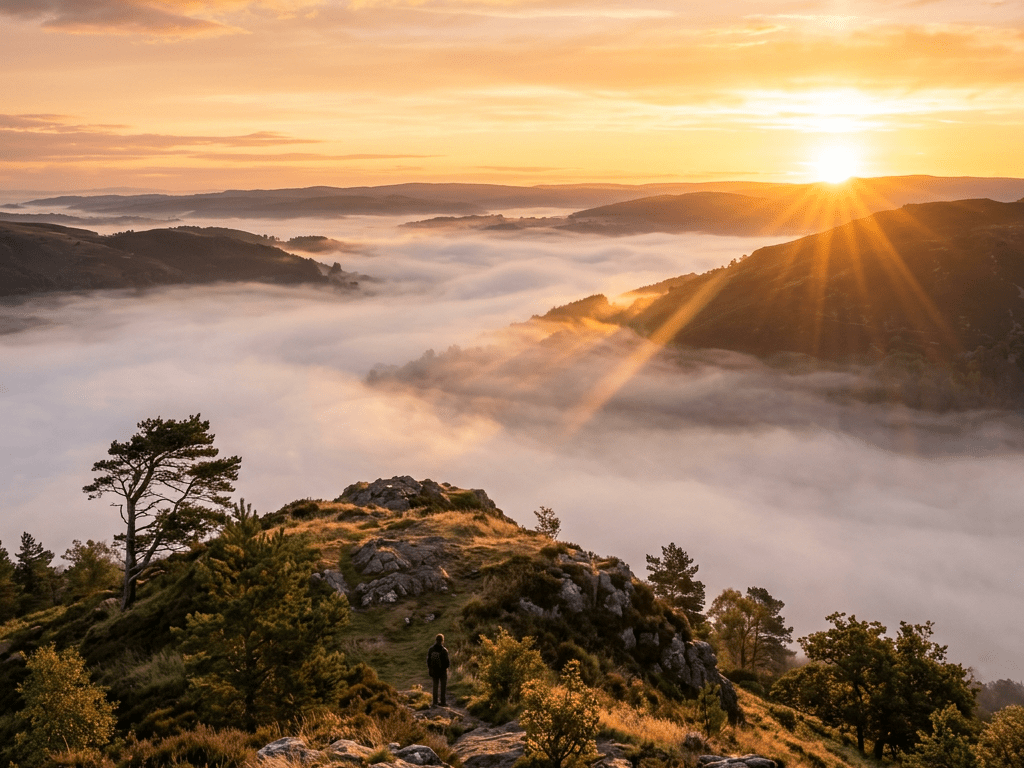 Sunrise over a mountain valley covered in mist with a person standing on rocky terrain