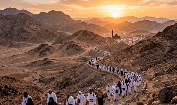 Pilgrims in white clothing walking along a narrow winding path in a desert mountainous landscape at sunset