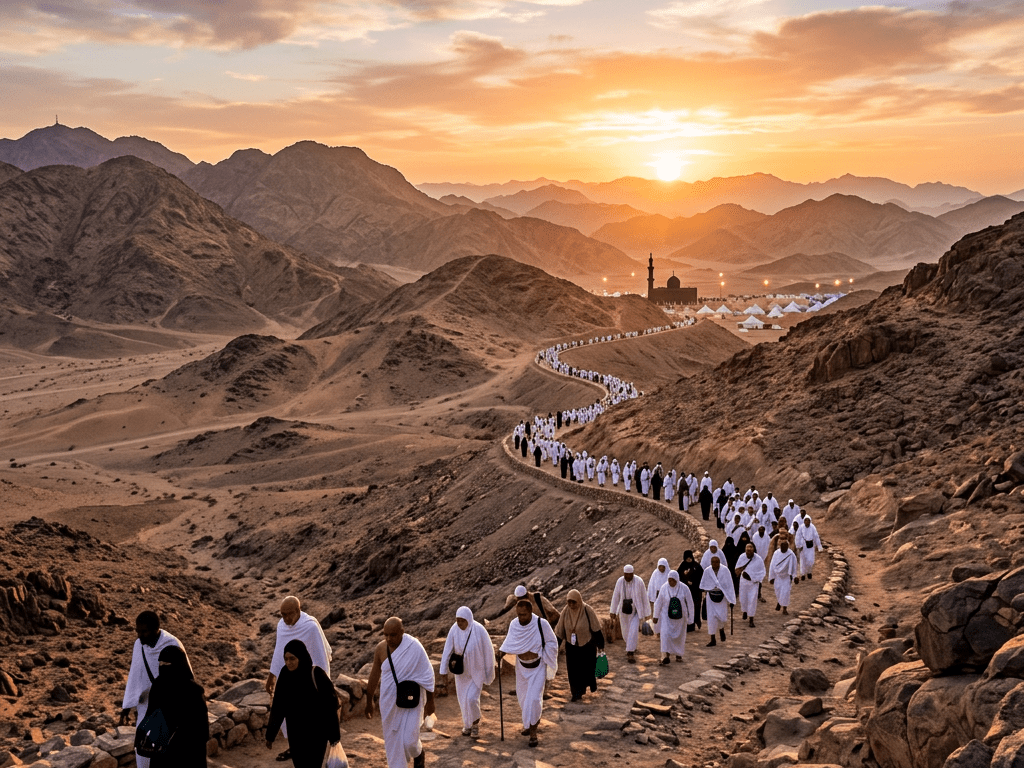 Pilgrims in white clothing walking along a narrow winding path in a desert mountainous landscape at sunset