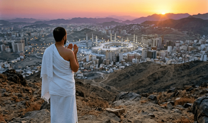 Pilgrim in white Ihram clothing praying on rocky hill overlooking Mecca city and mosque at sunset