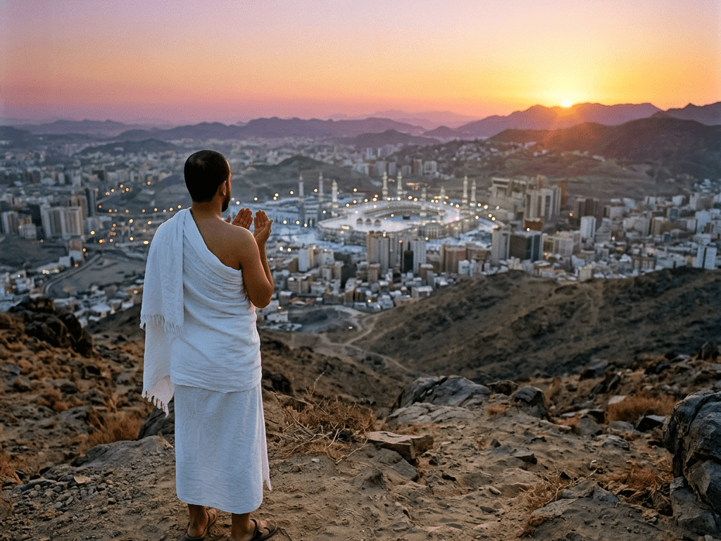 Pilgrim in white Ihram clothing praying on rocky hill overlooking Mecca city and mosque at sunset