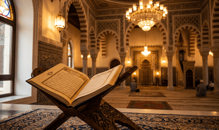 Open Quran on wooden stand inside mosque prayer hall with chandeliers