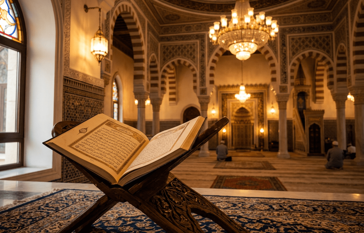 Open Quran on wooden stand inside mosque prayer hall with chandeliers