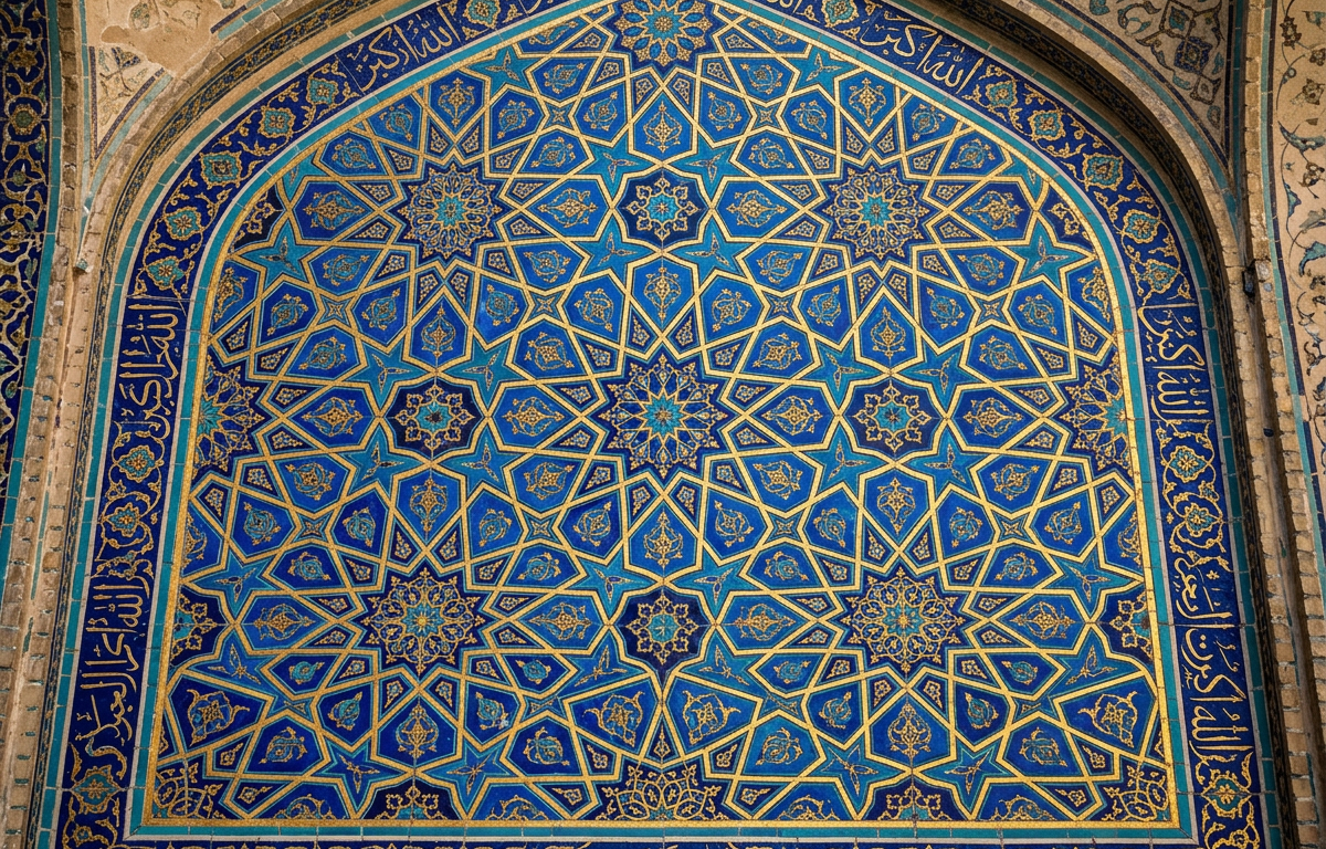 Islamic geometric tilework with blue, gold, and turquoise stars and floral patterns and Arabic calligraphy framing the design.