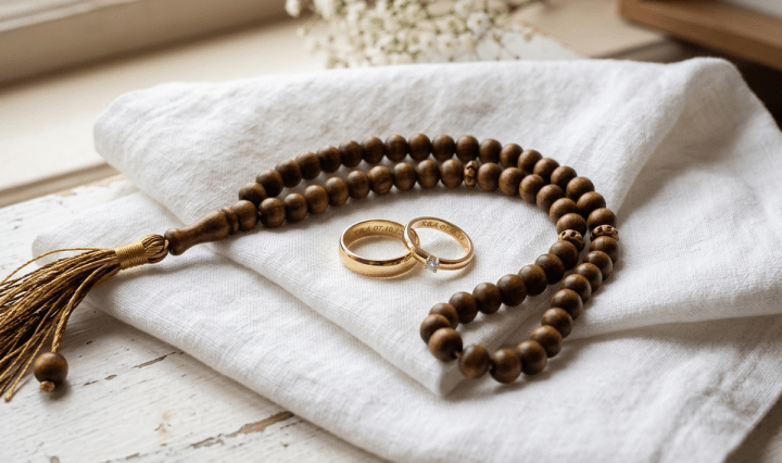 Gold wedding rings and wooden prayer beads on folded white cloth