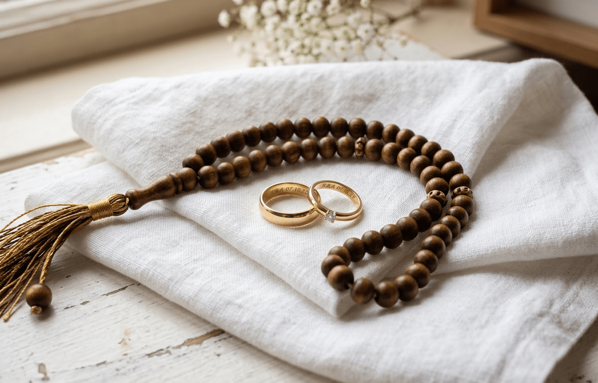 Gold wedding rings and wooden prayer beads on folded white cloth