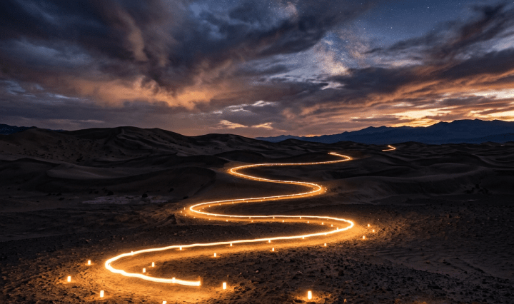 Winding illuminated path through desert dunes at night with stars in sky