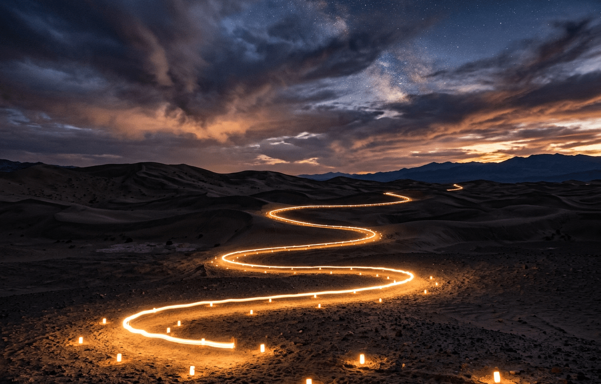 Winding illuminated path through desert dunes at night with stars in sky