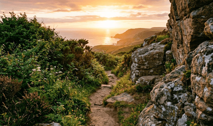 Narrow dirt path winding through coastal rocks and greenery with sunset over ocean in background