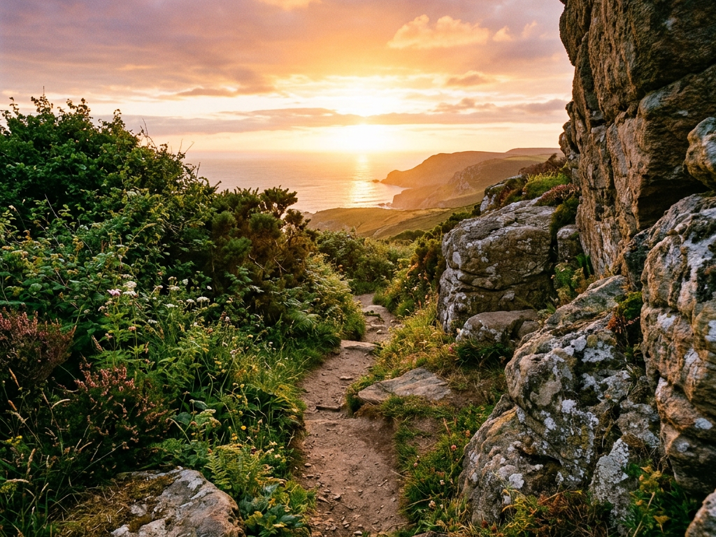 Narrow dirt path winding through coastal rocks and greenery with sunset over ocean in background