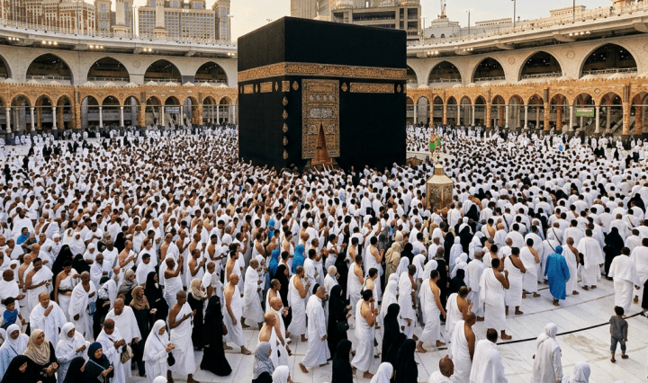 Large crowd of pilgrims in white robes circumambulating the Kaaba in Mecca.