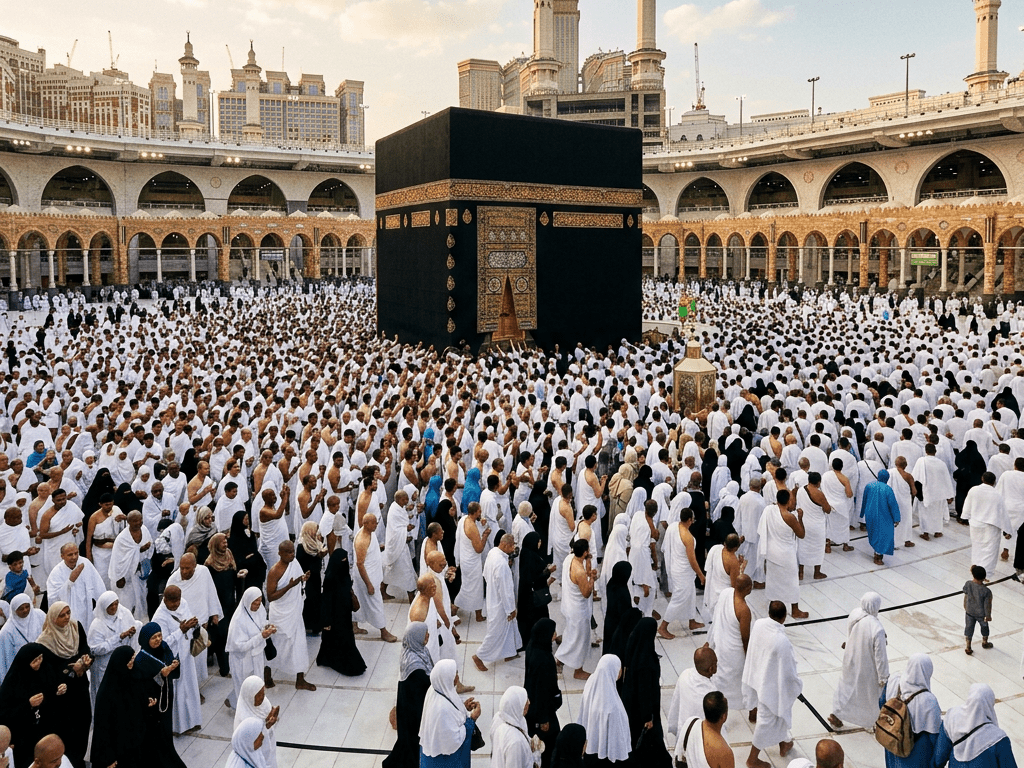 Large crowd of pilgrims in white robes circumambulating the Kaaba in Mecca.