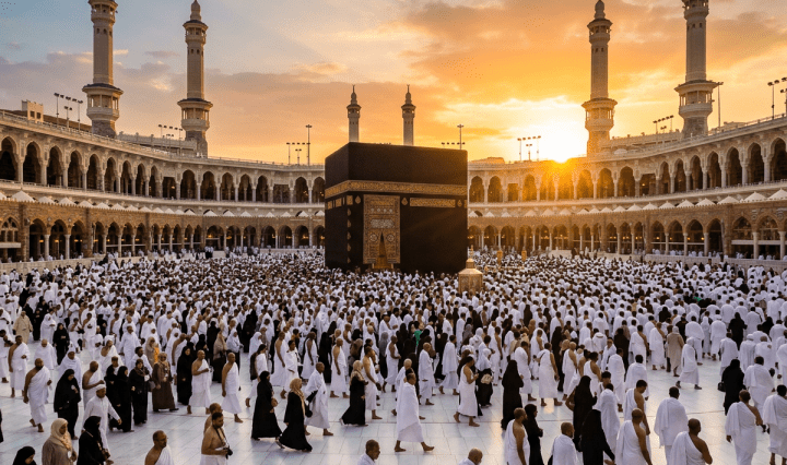 Crowd of pilgrims performing Tawaf around the Kaaba inside Masjid al-Haram during sunset