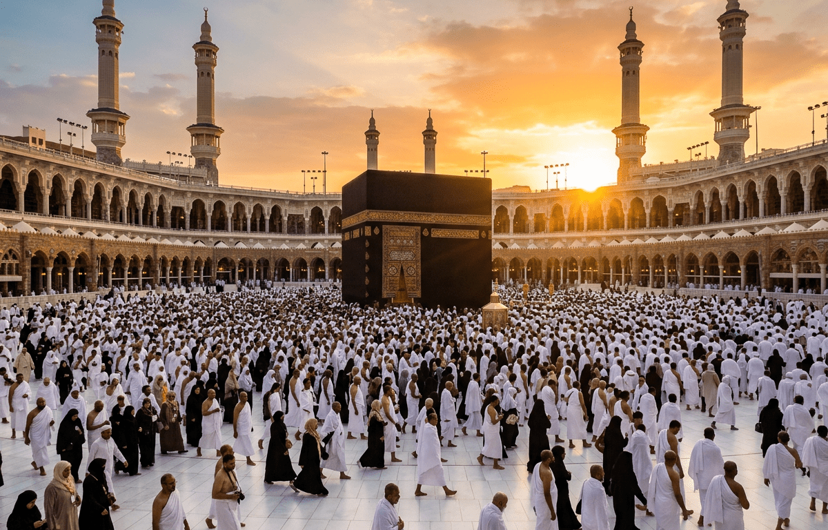 Crowd of pilgrims performing Tawaf around the Kaaba inside Masjid al-Haram during sunset