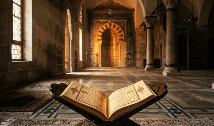 Open Quran on wooden stand inside an ornate mosque
