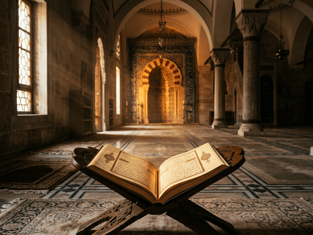 Open Quran on wooden stand inside an ornate mosque