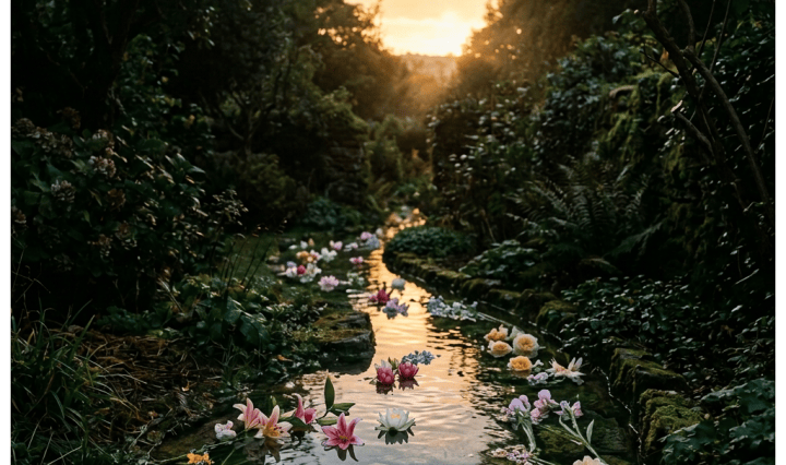 Mossy stone path through a lush garden at sunset