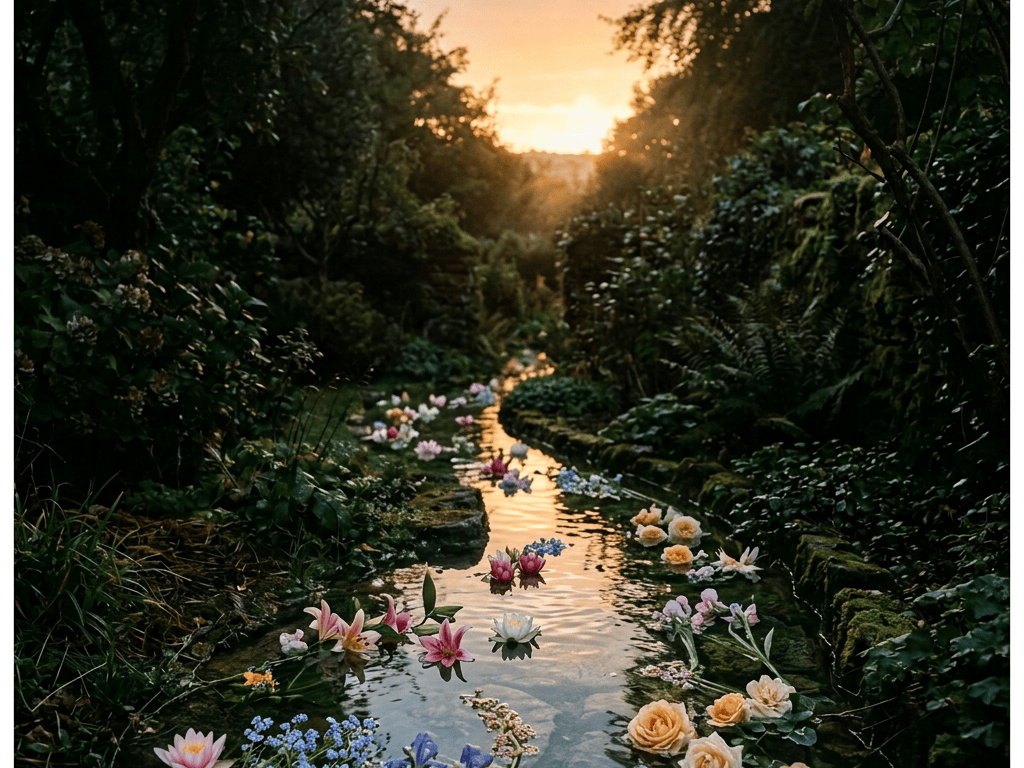 Mossy stone path through a lush garden at sunset